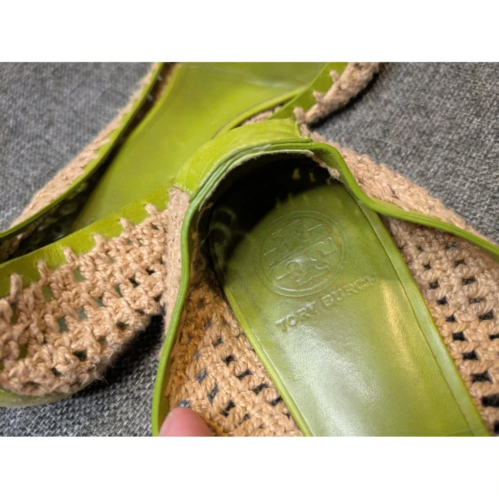 Tory Burch Flats Leather Sole Slip On Shoes Green Beige Knit Women's Size 8M